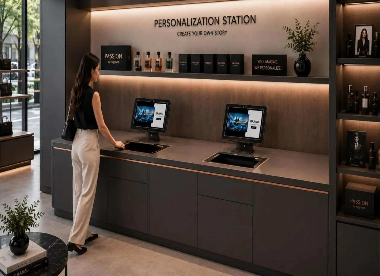 Customer at an integrated PASSION personalization station